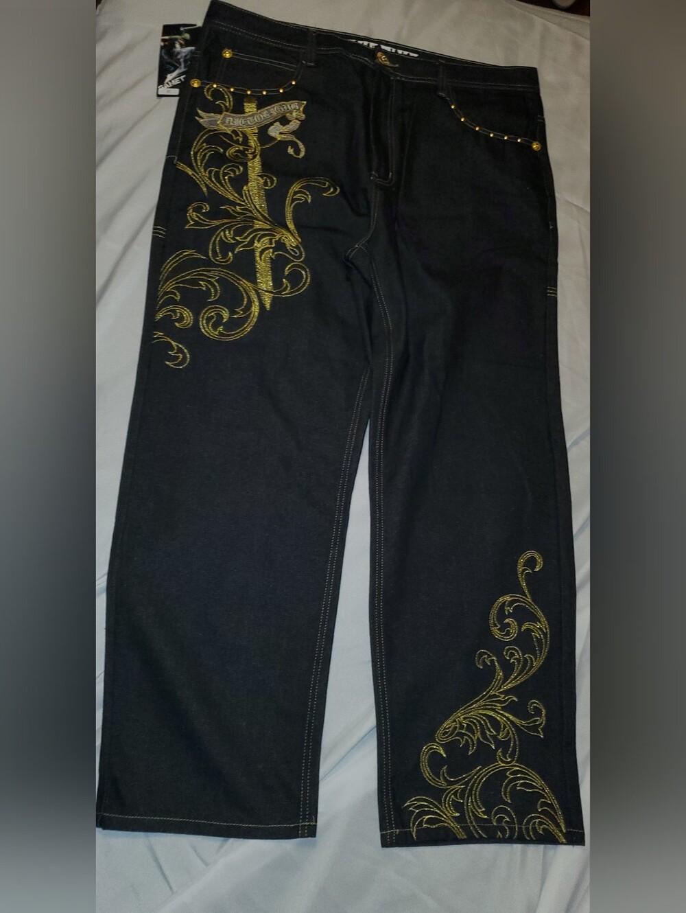 Game Time Size 42, Mens Black Denim Pants with Gold Scroll Embroidery, NWT